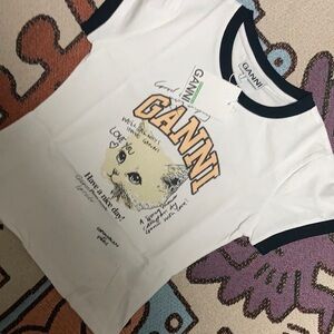 Ganni Organic Cotton Cat print Ringer T-shirt with Love You Handwritten Letterin